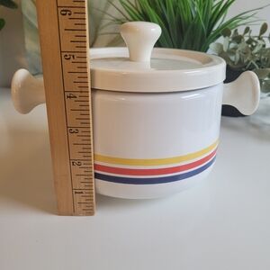 Vintage White Enamelware Striped Cooking Pot with Lid Wood Handled MCM